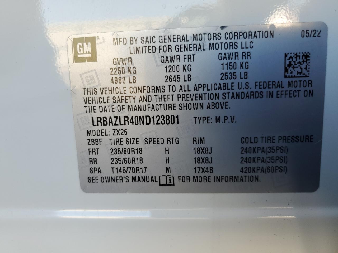 2022 Buick Envision Preferred VIN: LRBAZLR40ND123801 Lot: 83956285