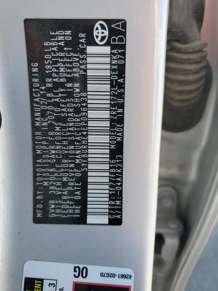 2014 Toyota Corolla L VIN: 5YFBURHE4EP096438 Lot: 82316525