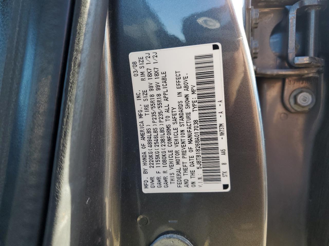 2008 Acura Rdx VIN: 5J8TB18268A017038 Lot: 87119365