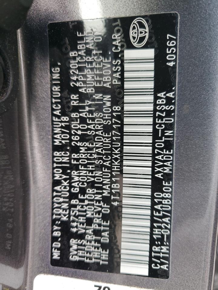 2019 Toyota Camry L VIN: 4T1B11HKXKU171718 Lot: 85324065