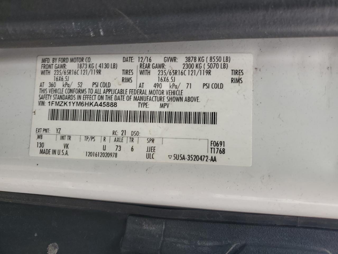 2017 Ford Transit T-150 VIN: 1FMZK1YM6HKA45888 Lot: 89644425