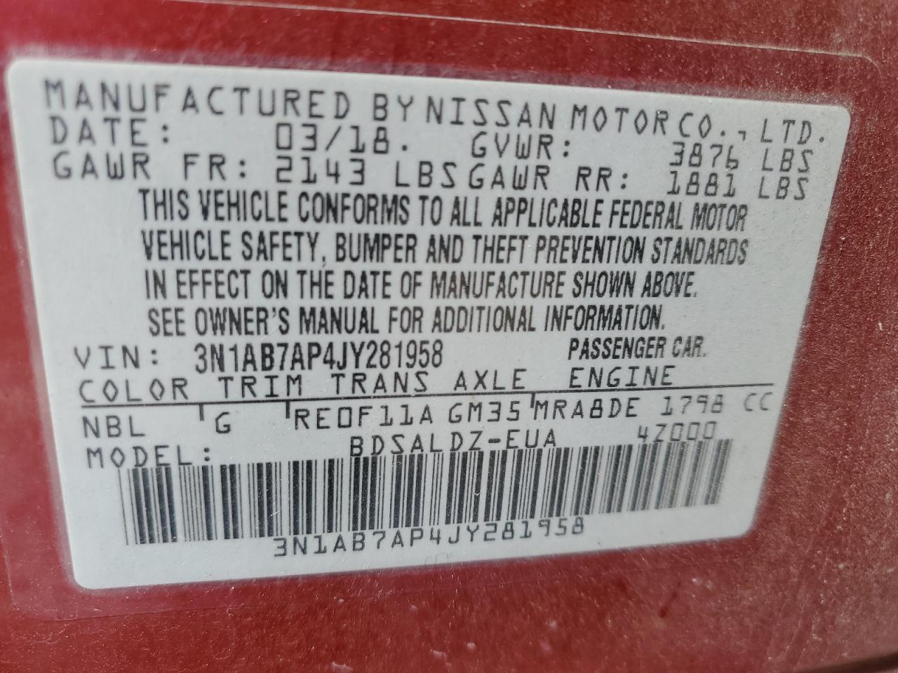 2018 Nissan Sentra S VIN: 3N1AB7AP4JY281958 Lot: 85316735