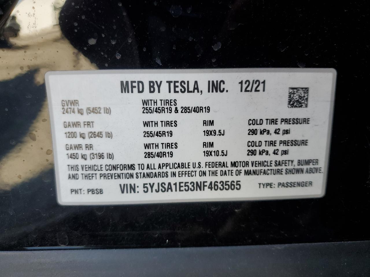 2022 Tesla Model S VIN: 5YJSA1E53NF463565 Lot: 90718035