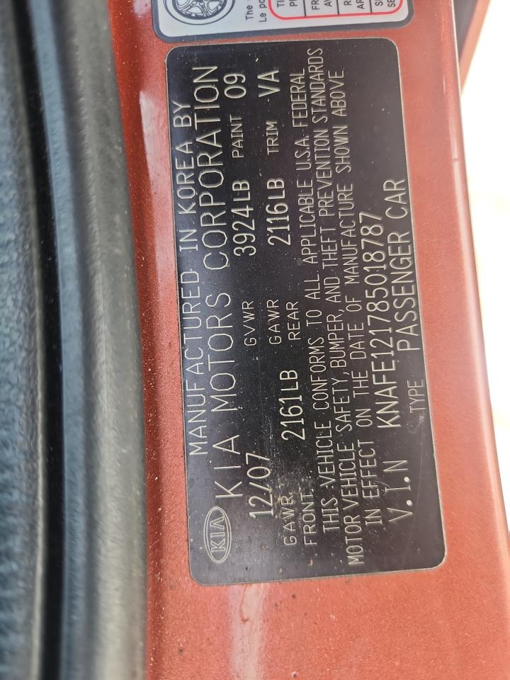 2008 Kia Spectra Ex VIN: KNAFE121785018787 Lot: 82391875