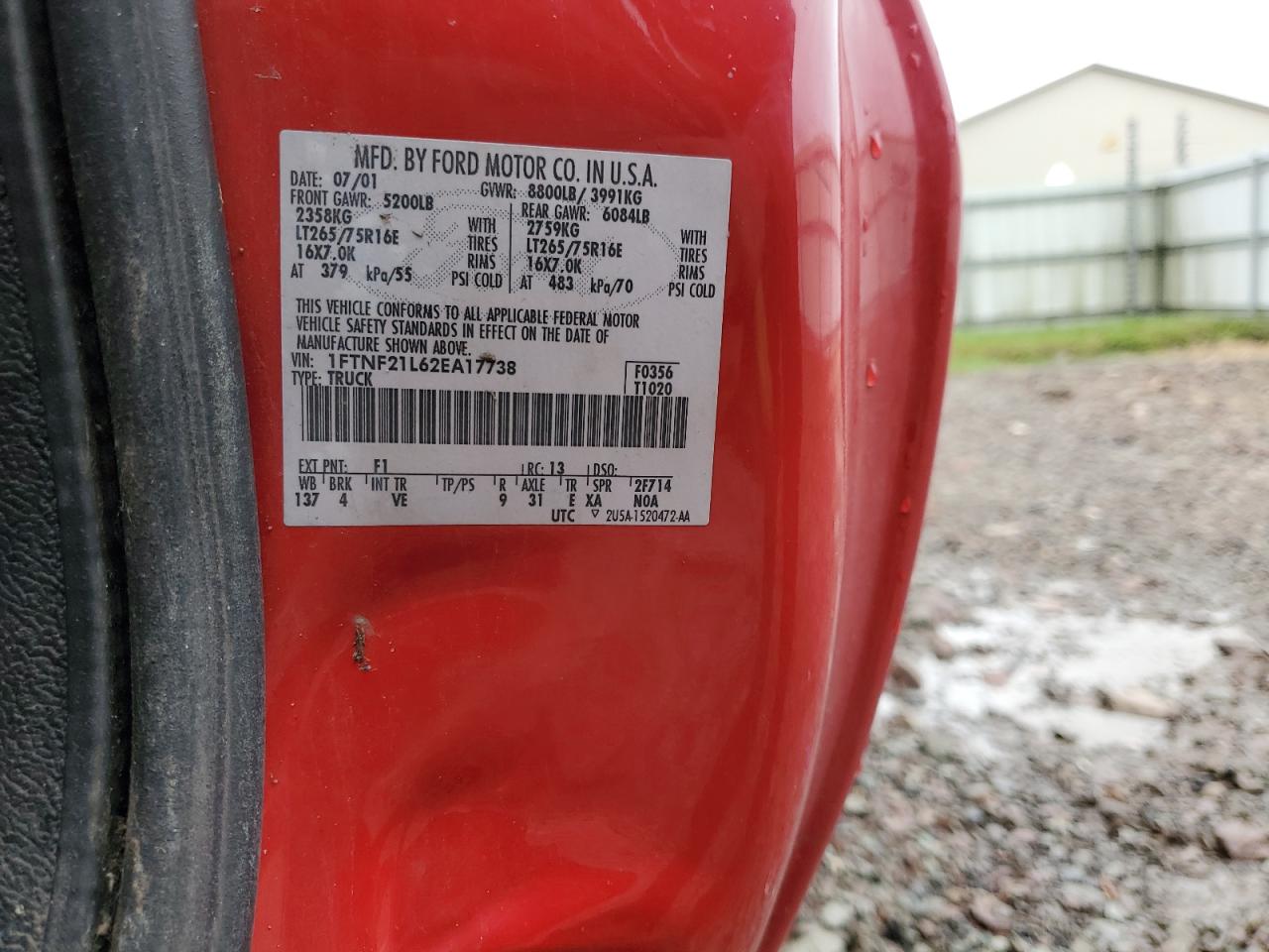 2002 Ford F250 Super Duty VIN: 1FTNF21L62EA17738 Lot: 89646765