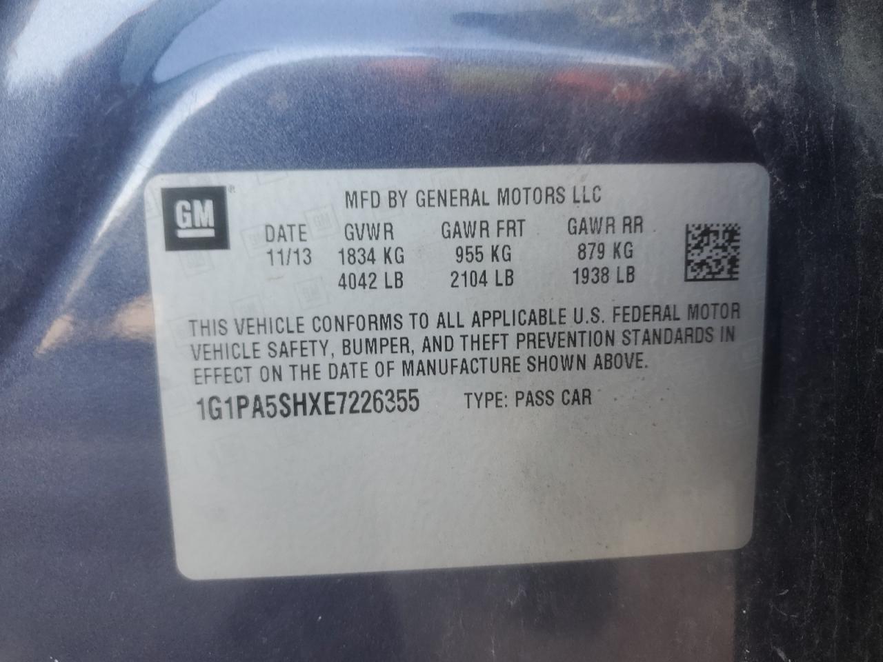 2014 Chevrolet Cruze Ls VIN: 1G1PA5SHXE7226355 Lot: 82343845