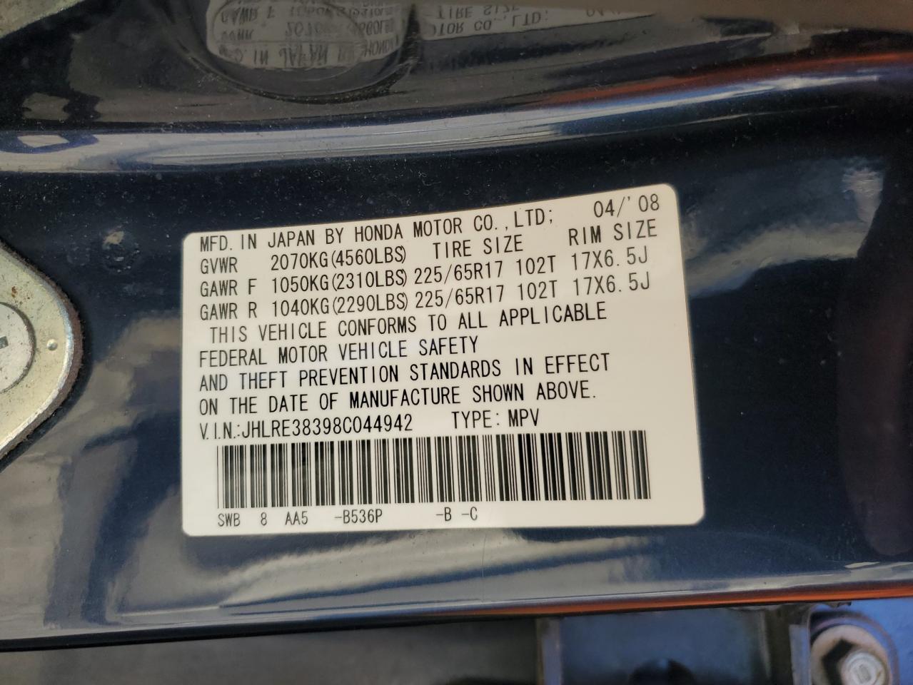 2008 Honda Cr-V Lx VIN: JHLRE38398C044942 Lot: 91072155