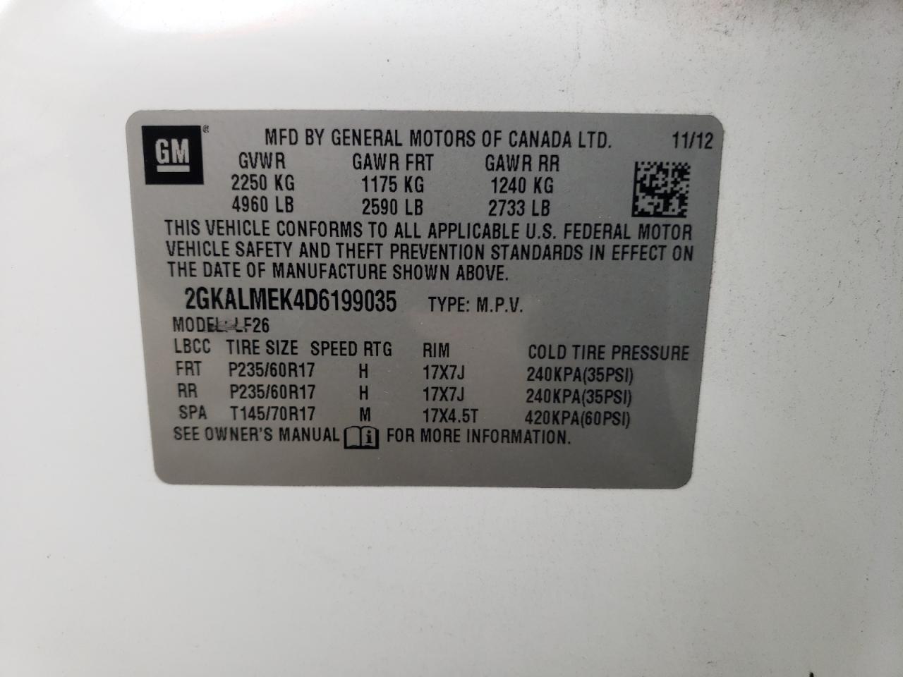 2013 GMC Terrain Sle VIN: 2GKALMEK4D6199035 Lot: 85919015