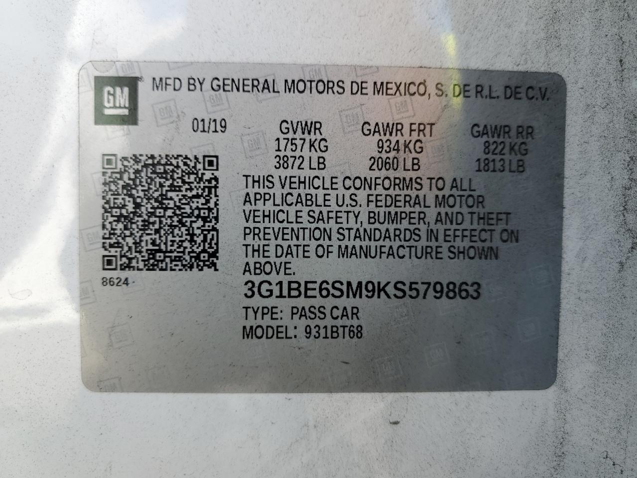 2019 Chevrolet Cruze Lt VIN: 3G1BE6SM9KS579863 Lot: 85371175