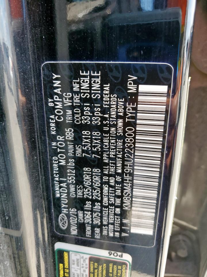 2017 Hyundai Santa Fe Se VIN: KM8SM4HF9HU223800 Lot: 82309555