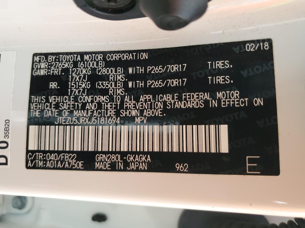 2018 Toyota 4Runner Sr5 VIN: JTEZU5JRXJ5181694 Lot: 85313445