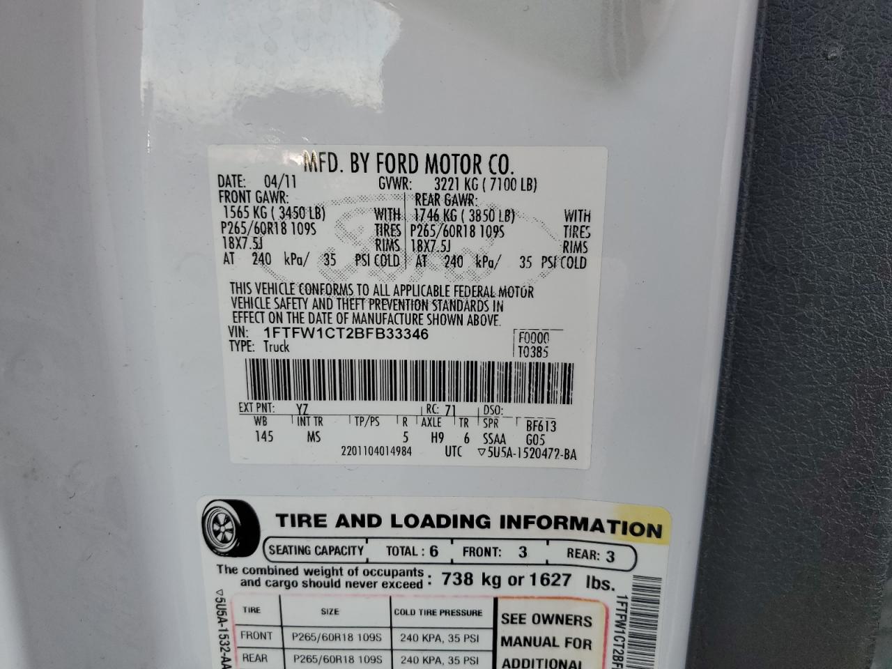 2011 Ford F150 Supercrew VIN: 1FTFW1CT2BFB33346 Lot: 82253515