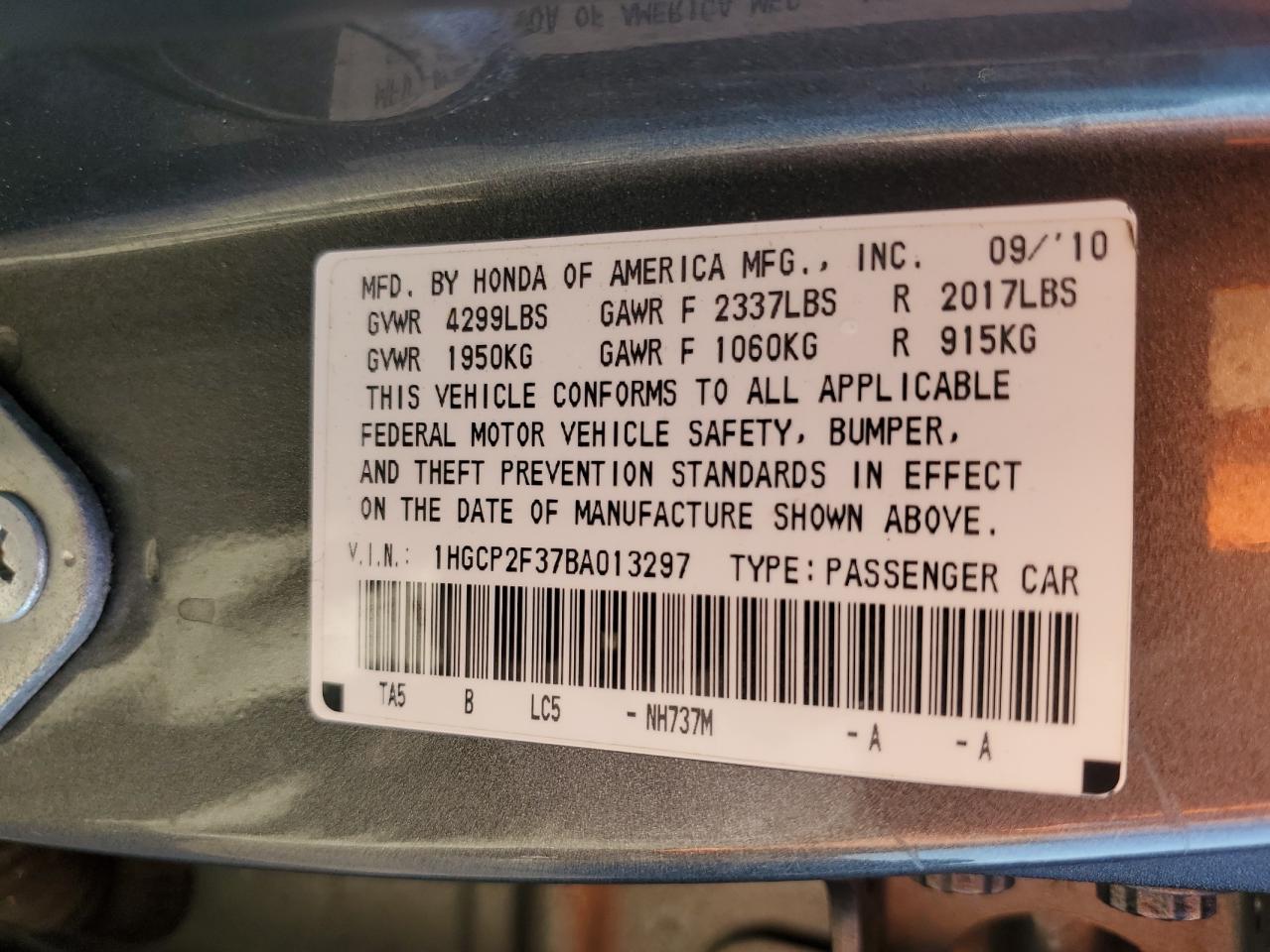 2011 Honda Accord Lx VIN: 1HGCP2F37BA013297 Lot: 81965525