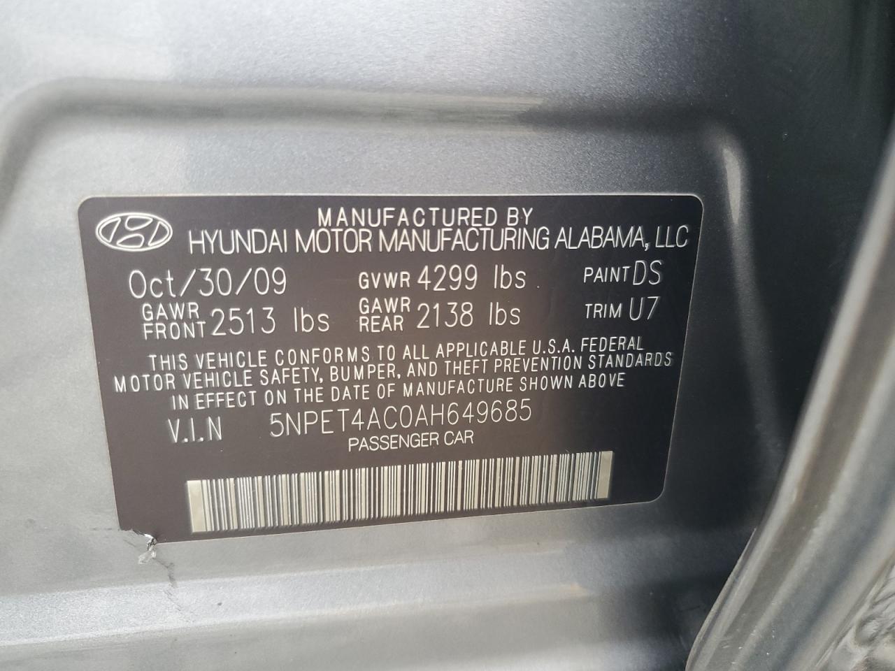 2010 Hyundai Sonata Gls VIN: 5NPET4AC0AH649685 Lot: 86229605