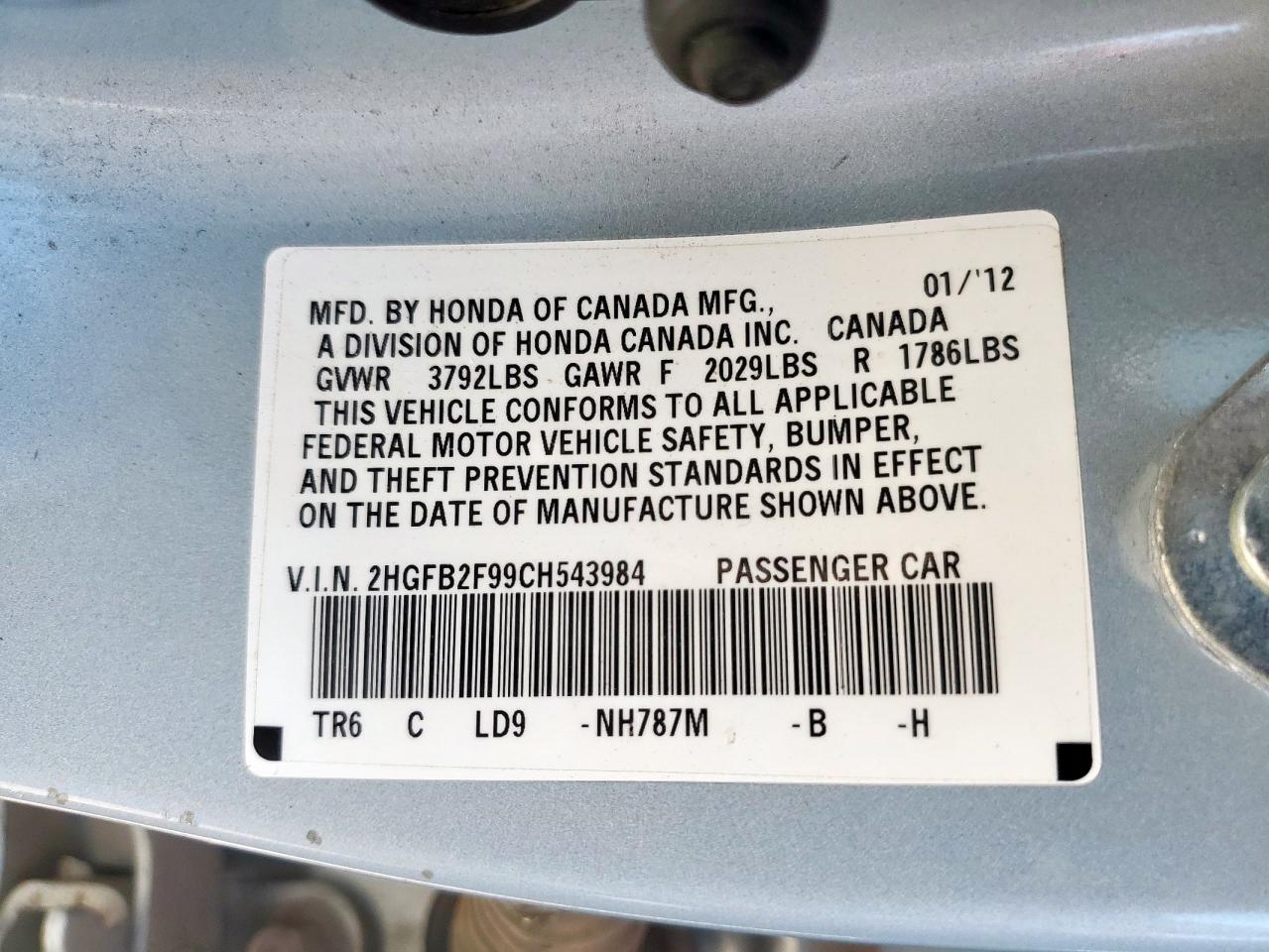 2012 Honda Civic Exl VIN: 2HGFB2F99CH543984 Lot: 85815895