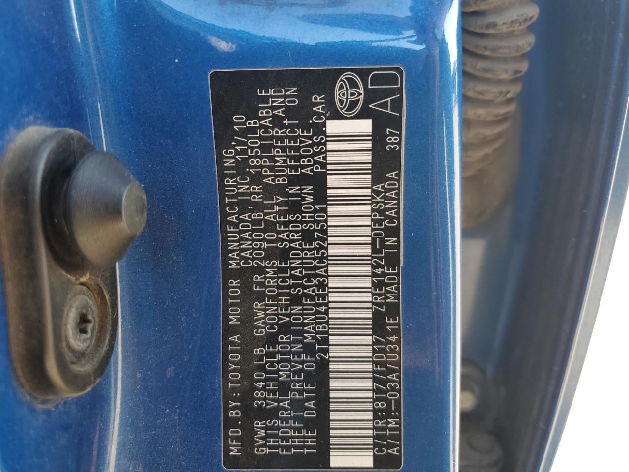 2010 Toyota Corolla Base VIN: 2T1BU4EE3AC527501 Lot: 82260785