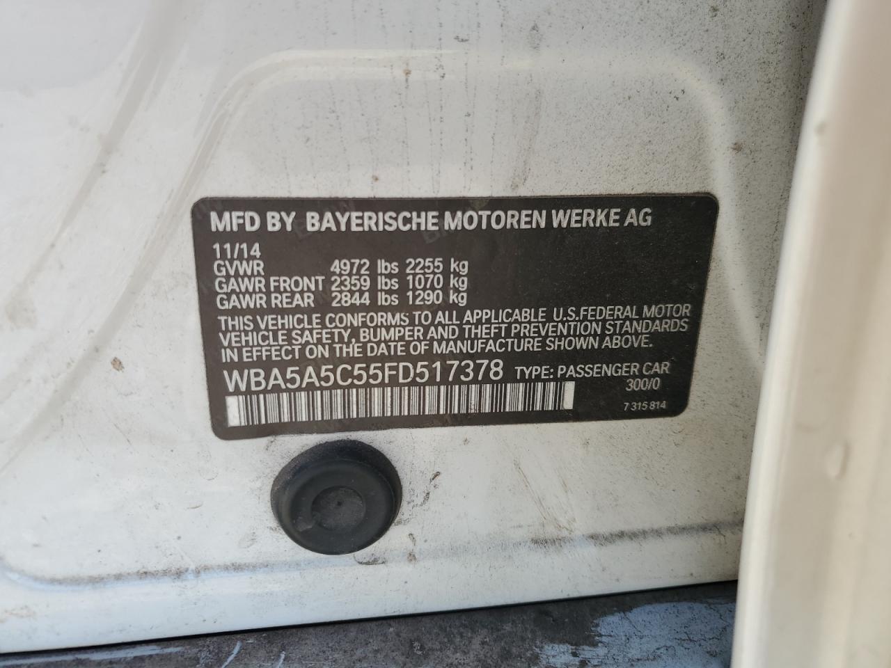 2015 BMW 528 I VIN: WBA5A5C55FD517378 Lot: 85926375