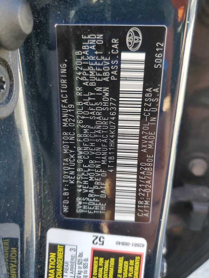 2019 Toyota Camry L VIN: 4T1B11HK4KU746377 Lot: 85077145