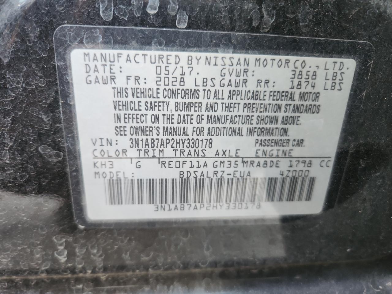 2017 Nissan Sentra S VIN: 3N1AB7AP2HY330178 Lot: 84938935