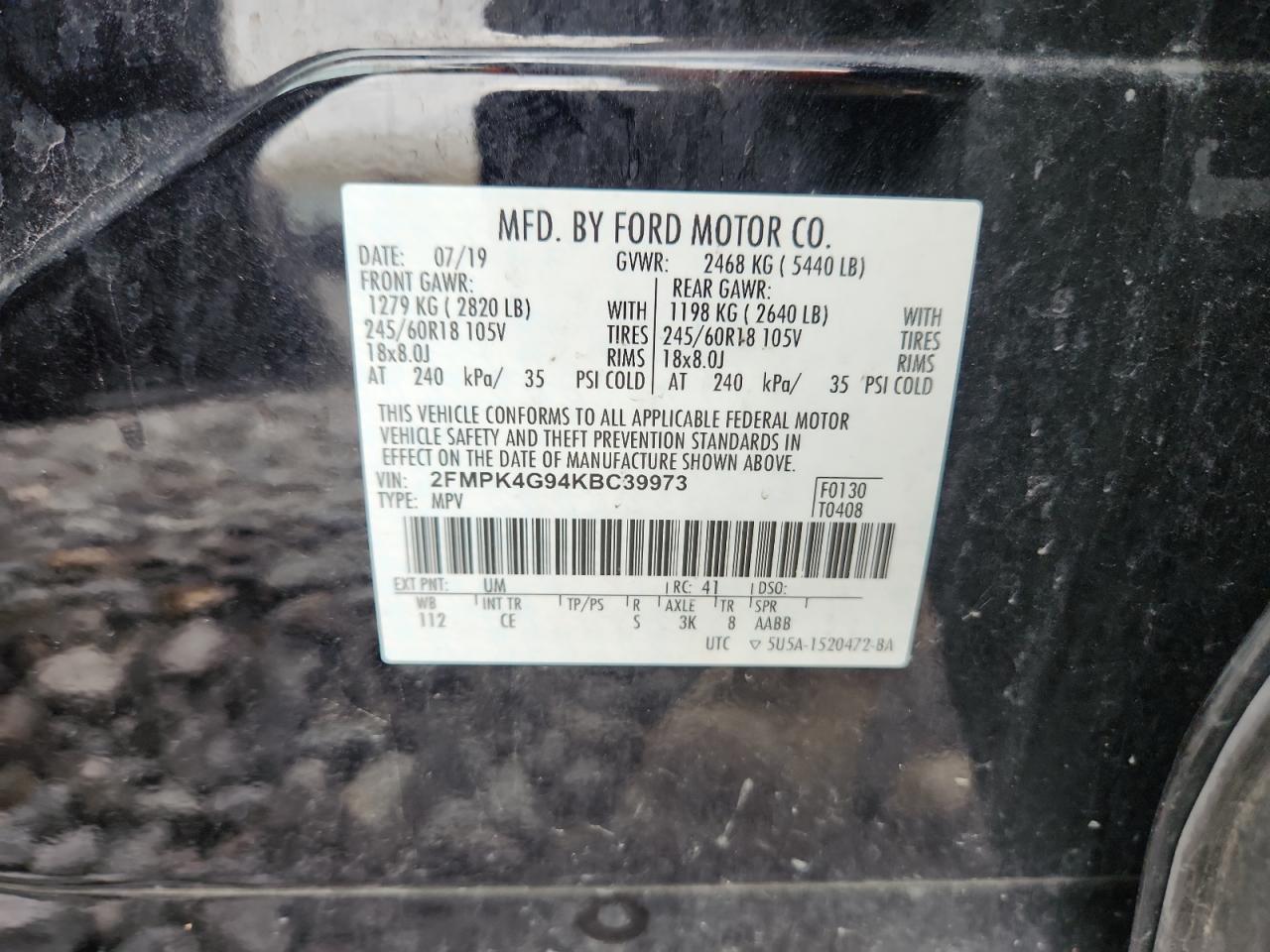 2019 Ford Edge Se VIN: 2FMPK4G94KBC39973 Lot: 86245275