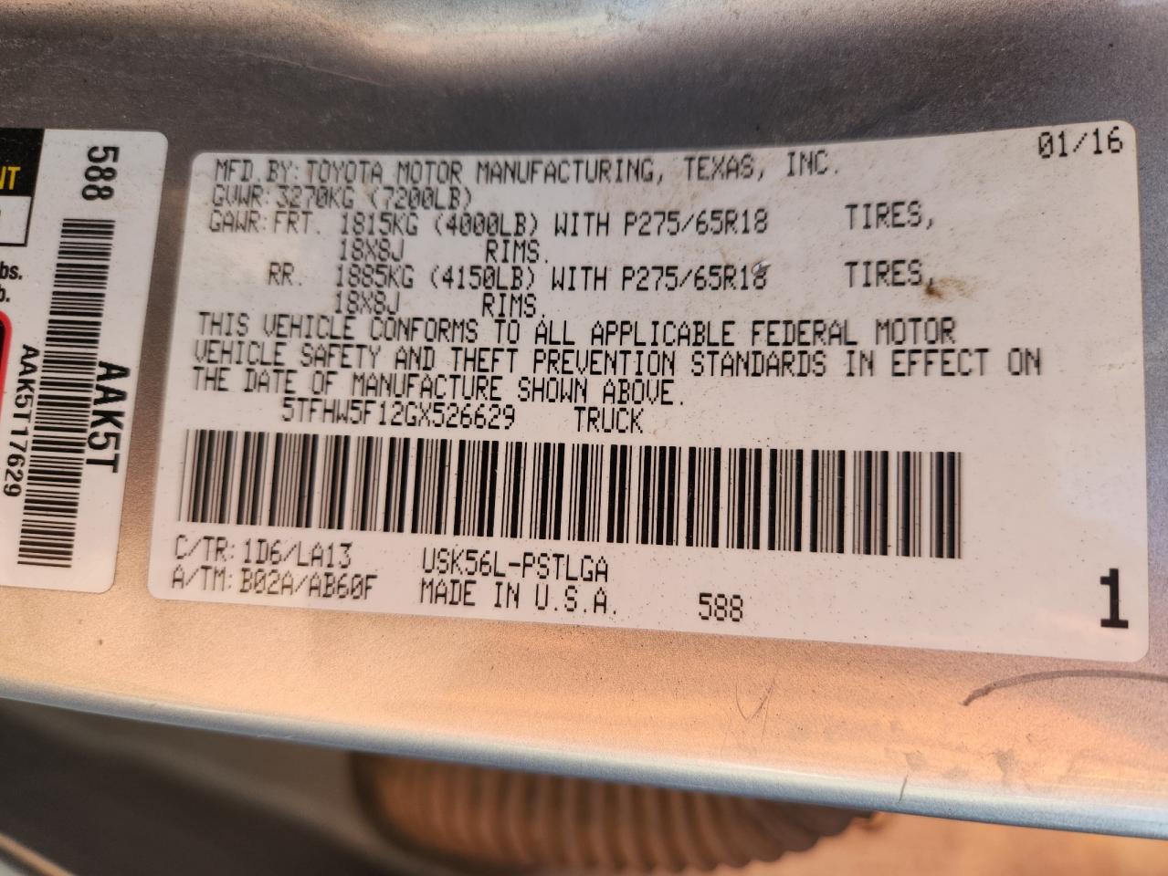 2016 Toyota Tundra Crewmax Limited VIN: 5TFHW5F12GX526629 Lot: 85741855