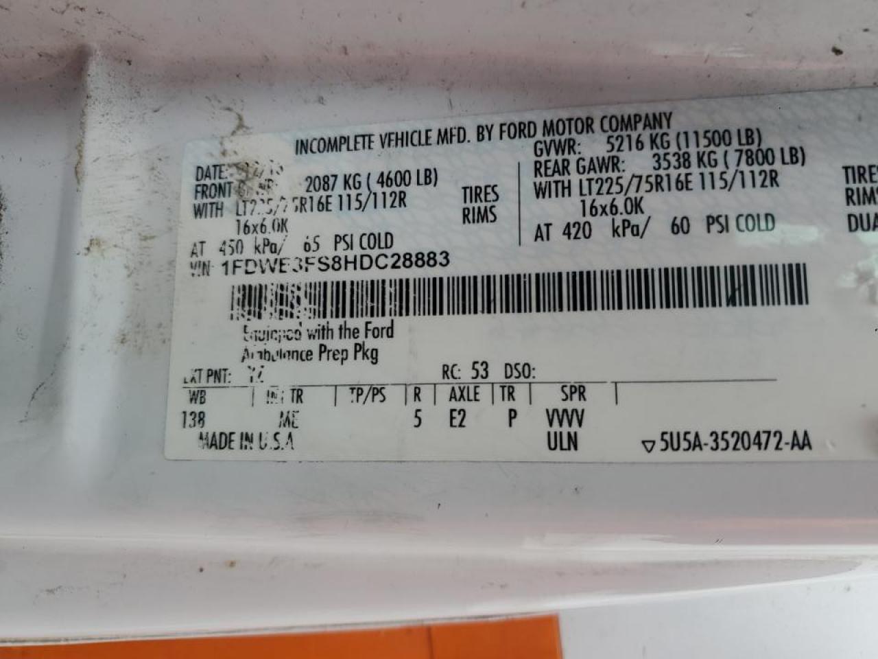 2017 Ford E-350 Ambulance VIN: 1FDWE3FS8HDC28883 Lot: 87239185