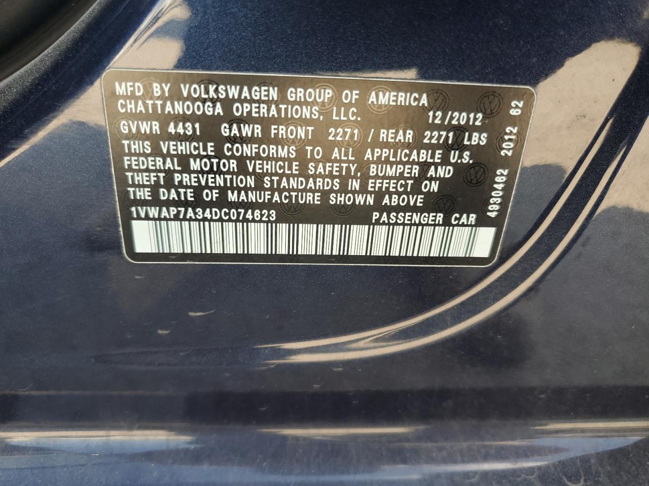 2013 Volkswagen Passat S VIN: 1VWAP7A34DC074623 Lot: 86481475