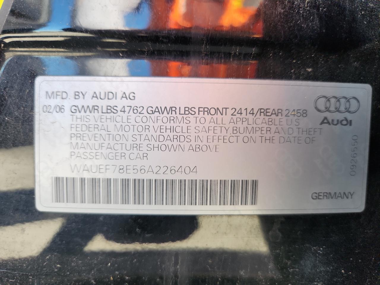 2006 Audi A4 S-Line 2.0T Quattro Turbo VIN: WAUEF78E56A226404 Lot: 89513195
