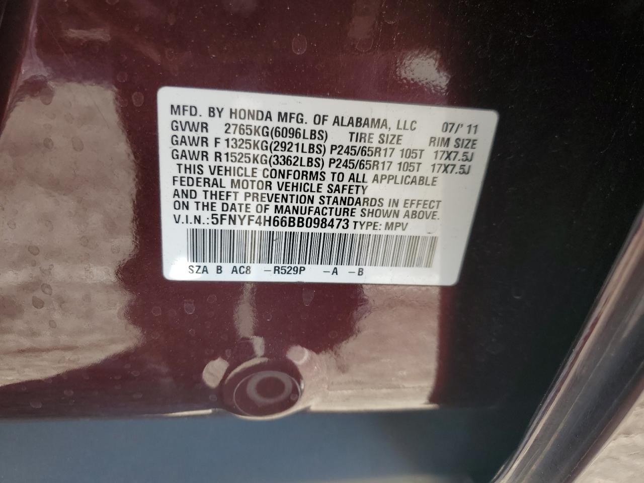 2011 Honda Pilot Exl VIN: 5FNYF4H66BB098473 Lot: 86323295