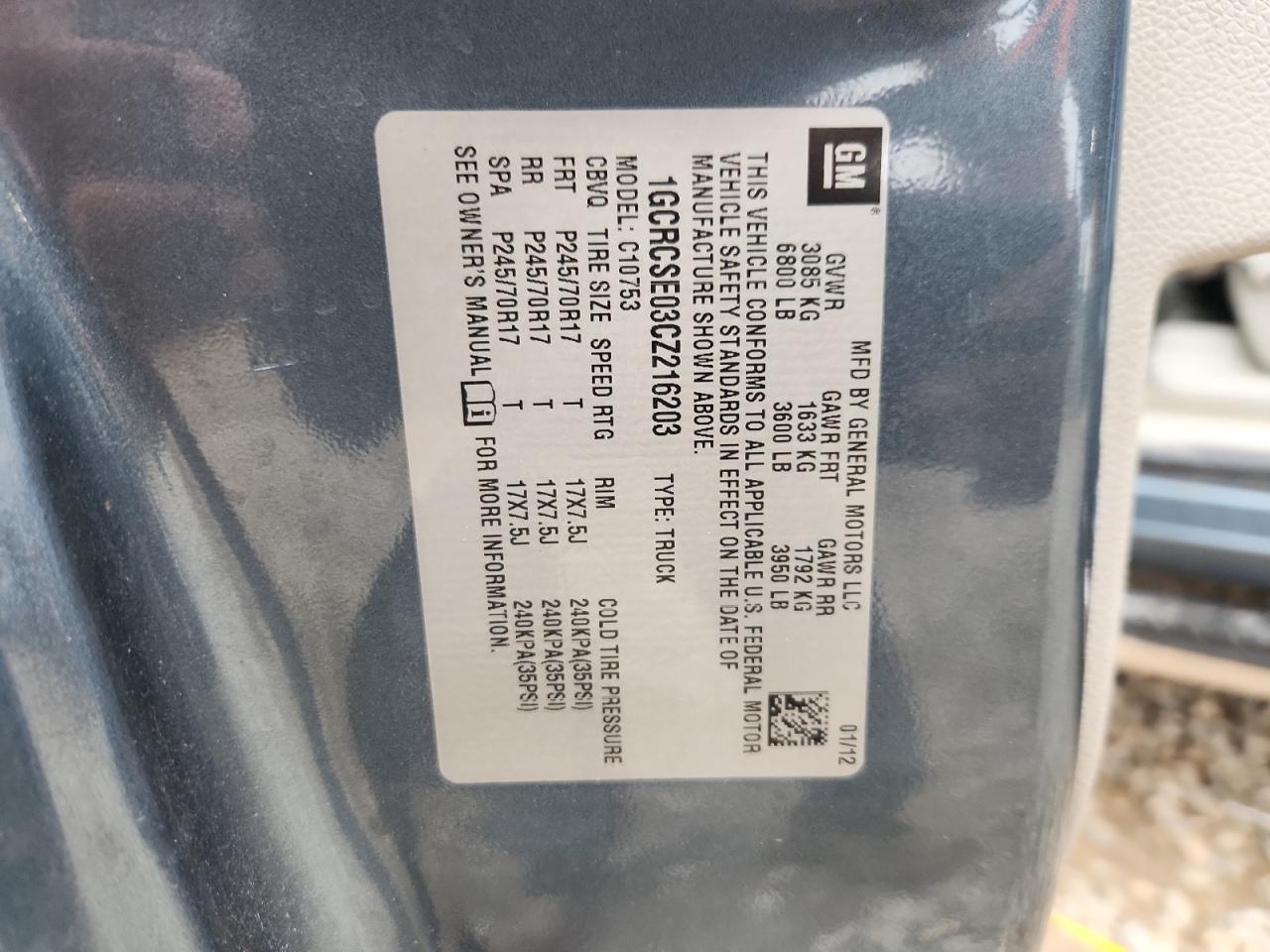 2012 Chevrolet Silverado C1500 Lt VIN: 1GCRCSE03CZ216203 Lot: 85703885