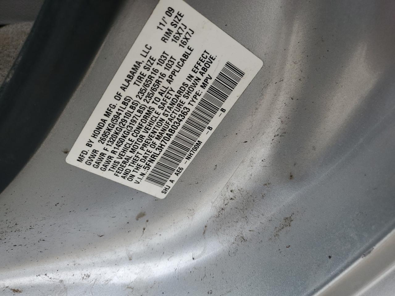 2010 Honda Odyssey Exl VIN: 5FNRL3H70AB034363 Lot: 86285675