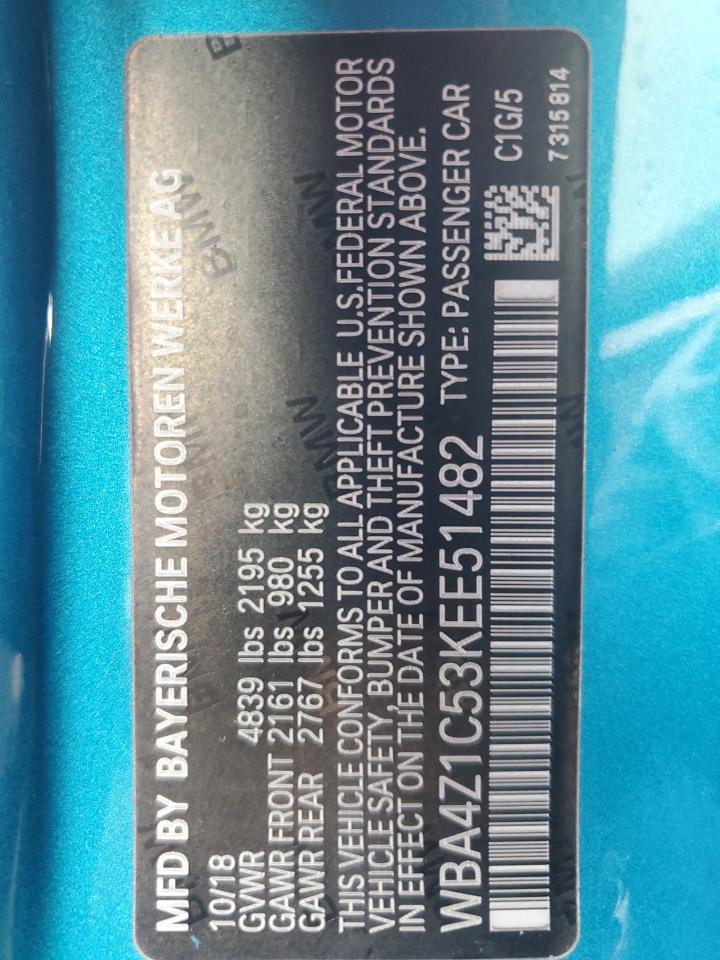 2019 BMW 430I VIN: WBA4Z1C53KEE51482 Lot: 82378405