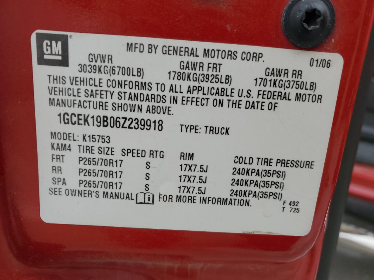 2006 Chevrolet Silverado K1500 VIN: 1GCEK19B06Z239918 Lot: 84431875