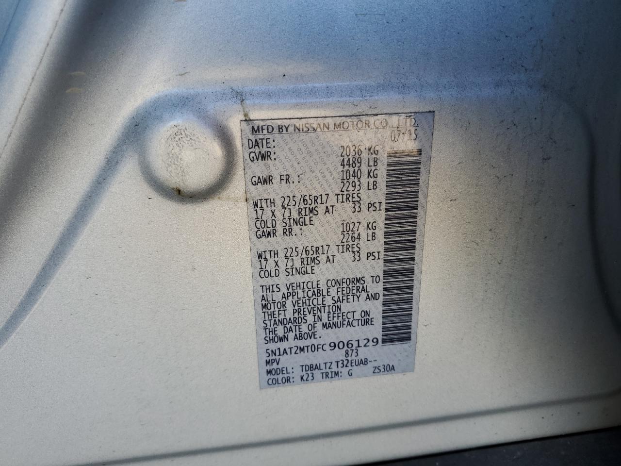 2015 Nissan Rogue S VIN: 5N1AT2MT0FC906129 Lot: 84884745