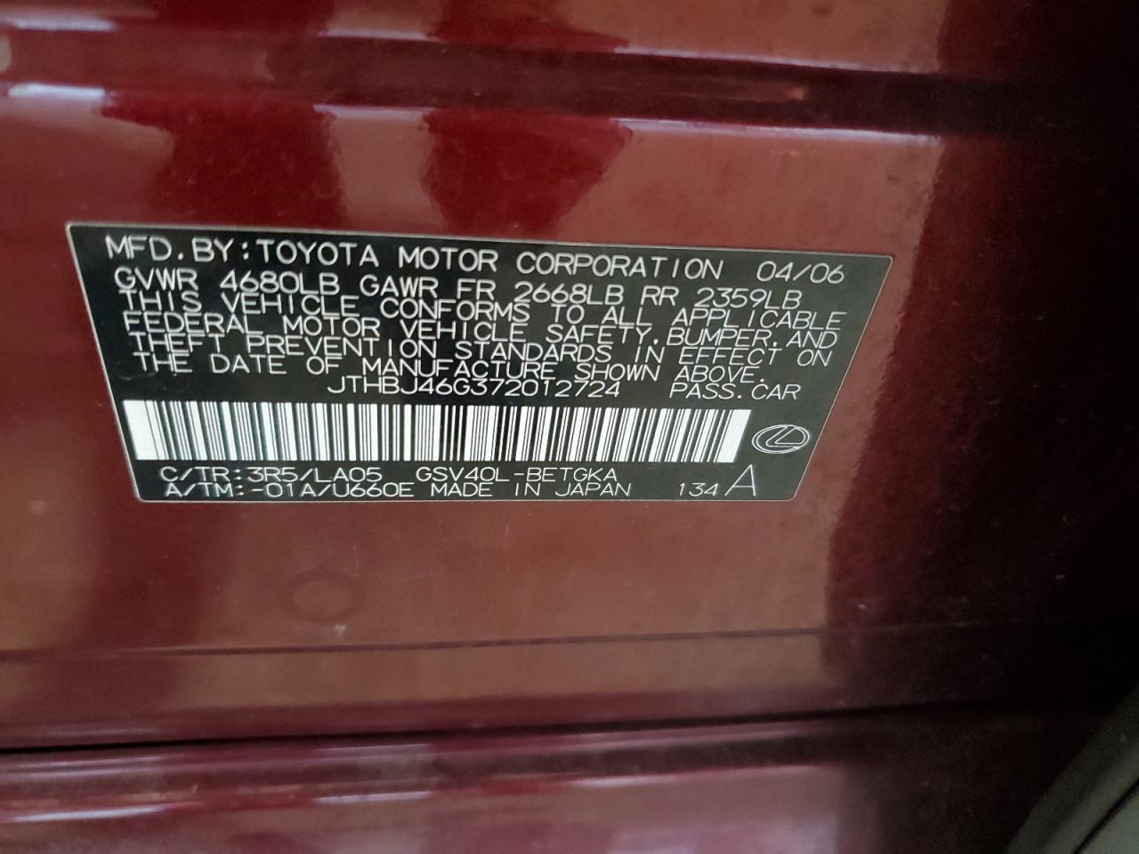 2007 Lexus Es 350 VIN: JTHBJ46G372012724 Lot: 85727695