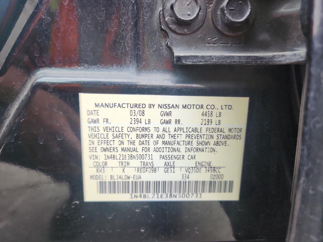 2008 Nissan Altima 3.5Se VIN: 1N4BL21E38N500731 Lot: 86310525