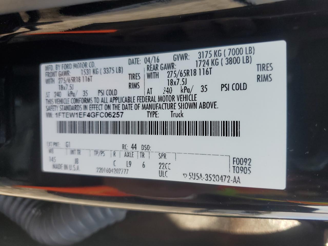 2016 Ford F150 Supercrew VIN: 1FTEW1EF4GFC06257 Lot: 86631965