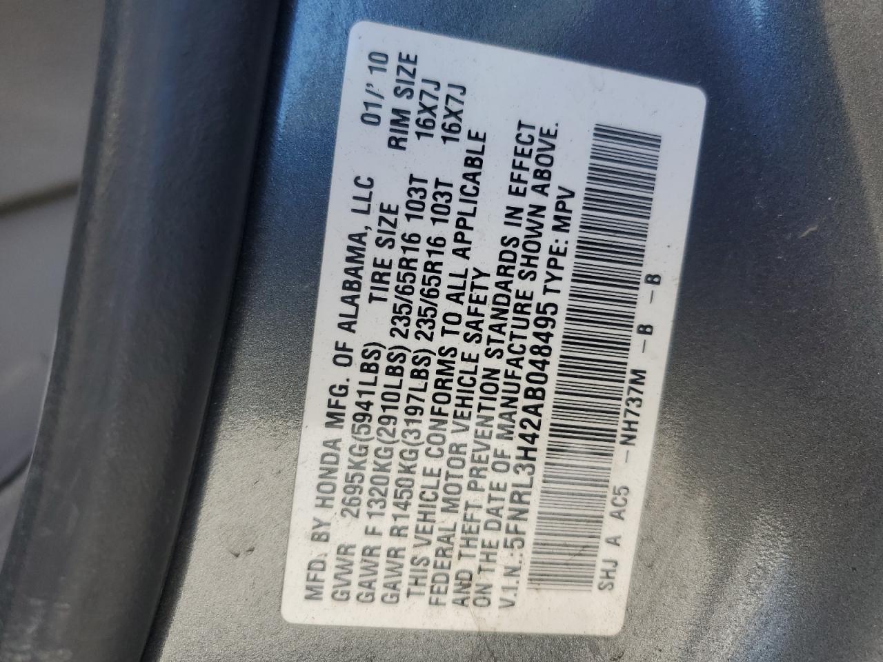 2010 Honda Odysssey VIN: 5FNRL3H42AB048495 Lot: 86165825