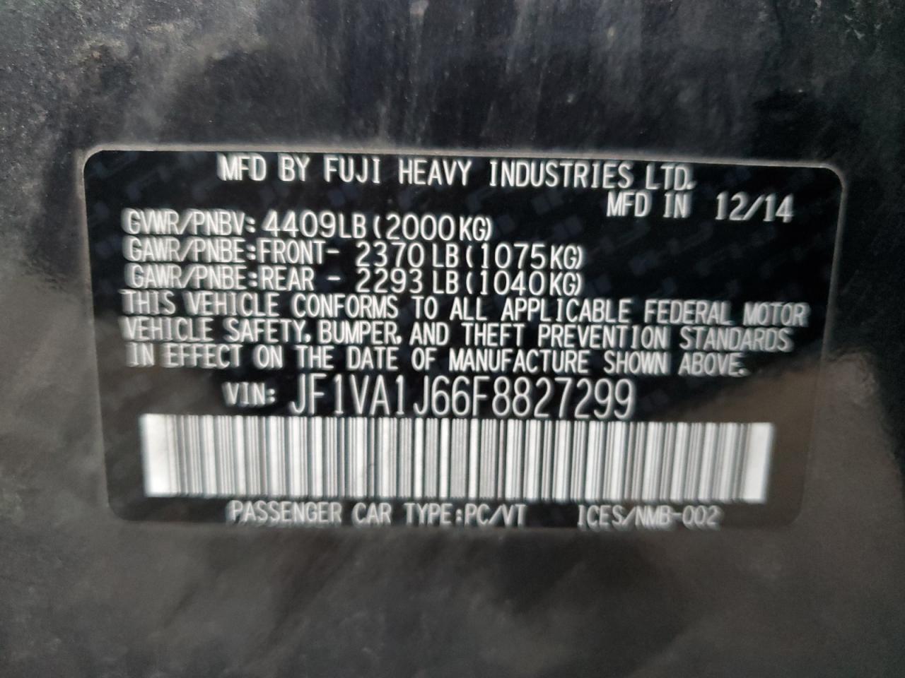 2015 Subaru Wrx Limited VIN: JF1VA1J66F8827299 Lot: 86141865