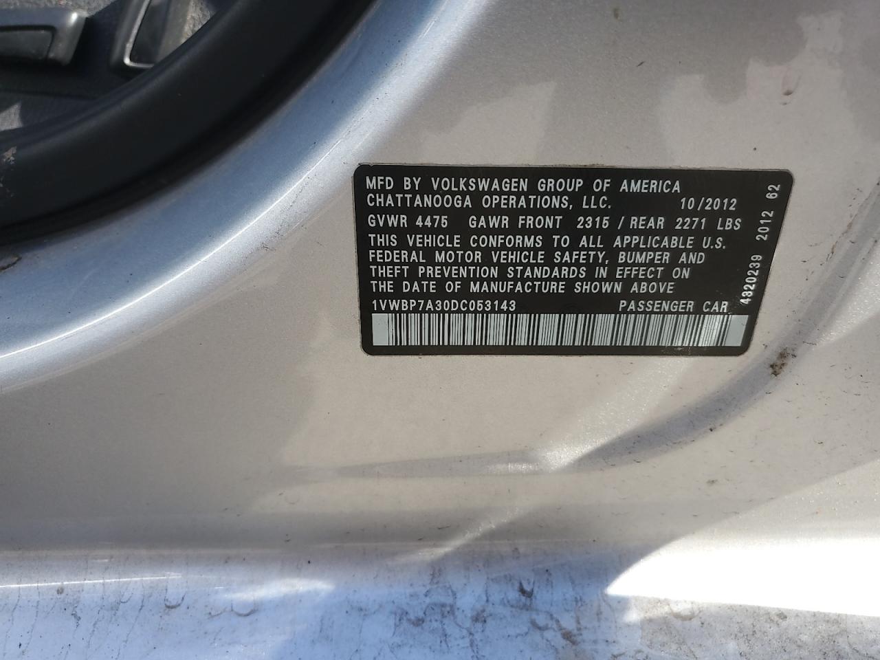 2013 Volkswagen Passat Se VIN: 1VWBP7A30DC053143 Lot: 85183225