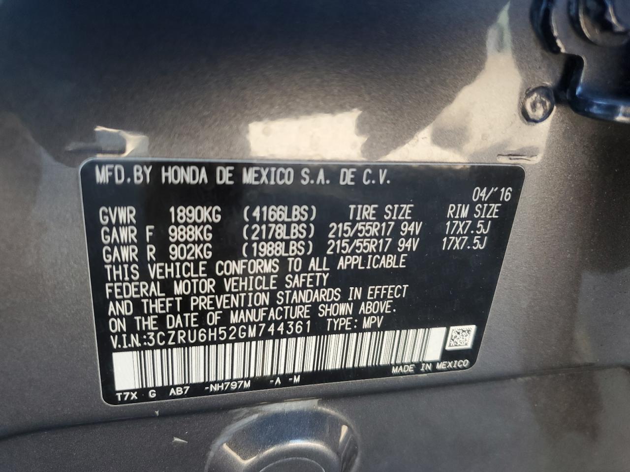 2016 Honda Hr-V Ex VIN: 3CZRU6H52GM744361 Lot: 85345285