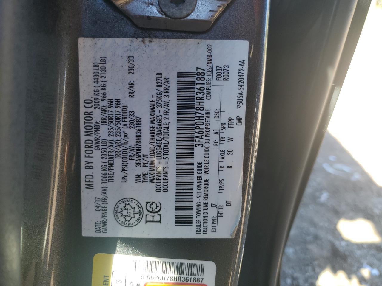 2017 Ford Fusion Se VIN: 3FA6P0H78HR361887 Lot: 84997915