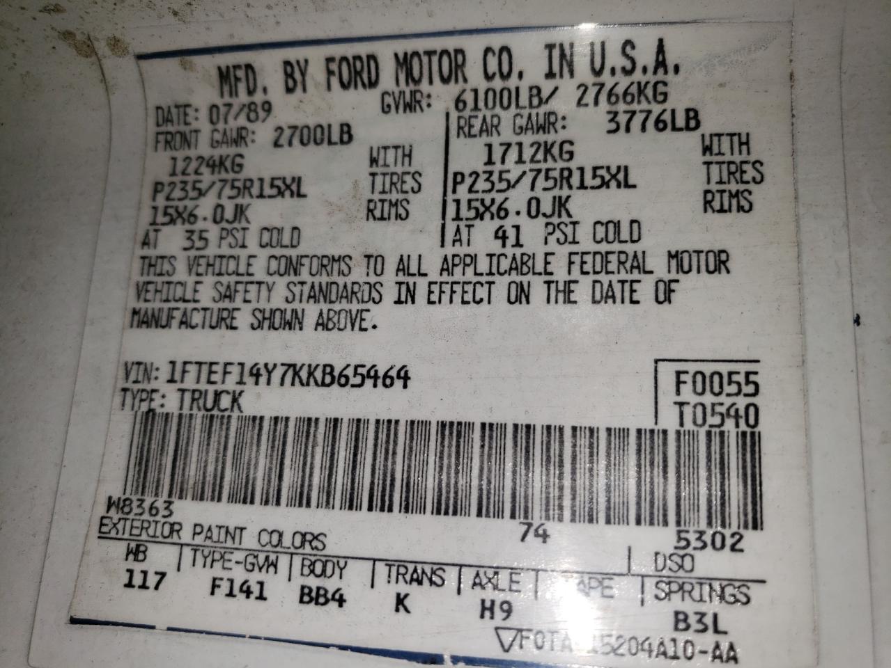 1989 Ford F150 VIN: 1FTEF14Y7KKB65464 Lot: 85364165