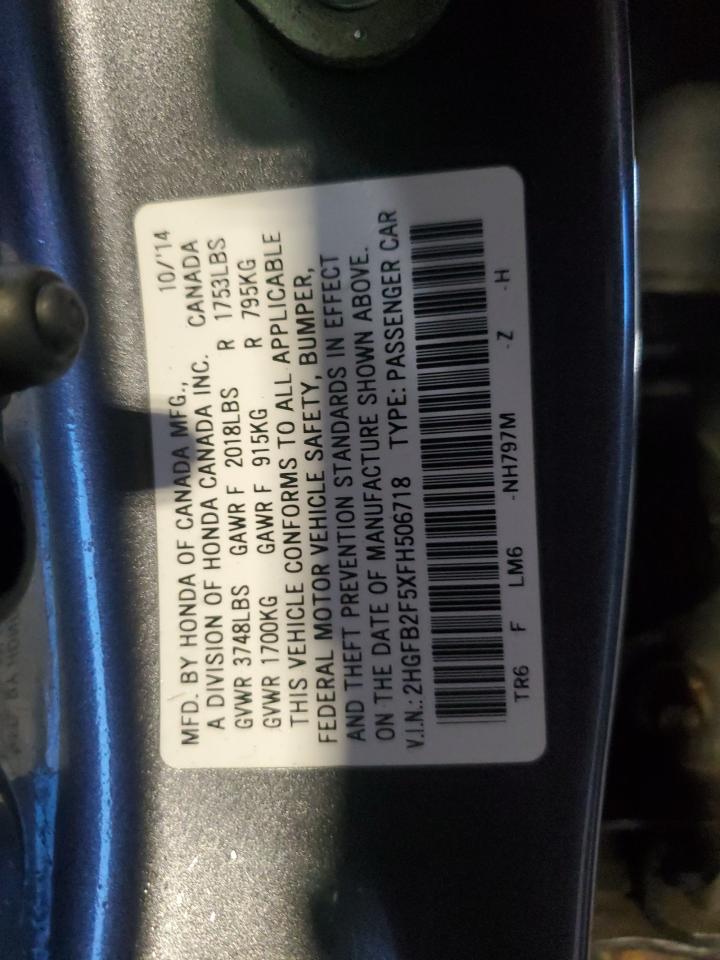 2015 Honda Civic Lx VIN: 2HGFB2F5XFH506718 Lot: 85314765