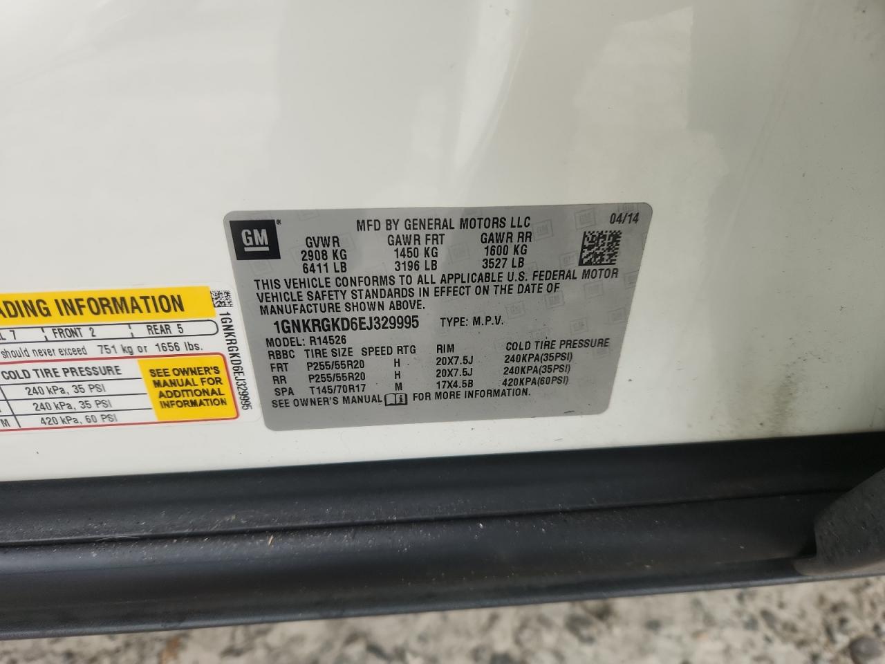 2014 Chevrolet Traverse Lt VIN: 1GNKRGKD6EJ329995 Lot: 85505615