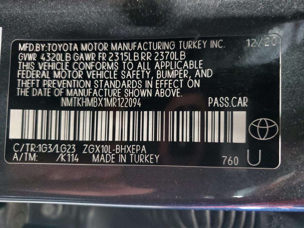 2021 Toyota C-Hr Xle VIN: NMTKHMBX1MR122094 Lot: 89705245