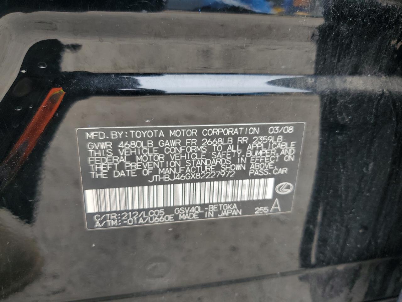 2008 Lexus Es 350 VIN: JTHBJ46GX82227972 Lot: 85368625