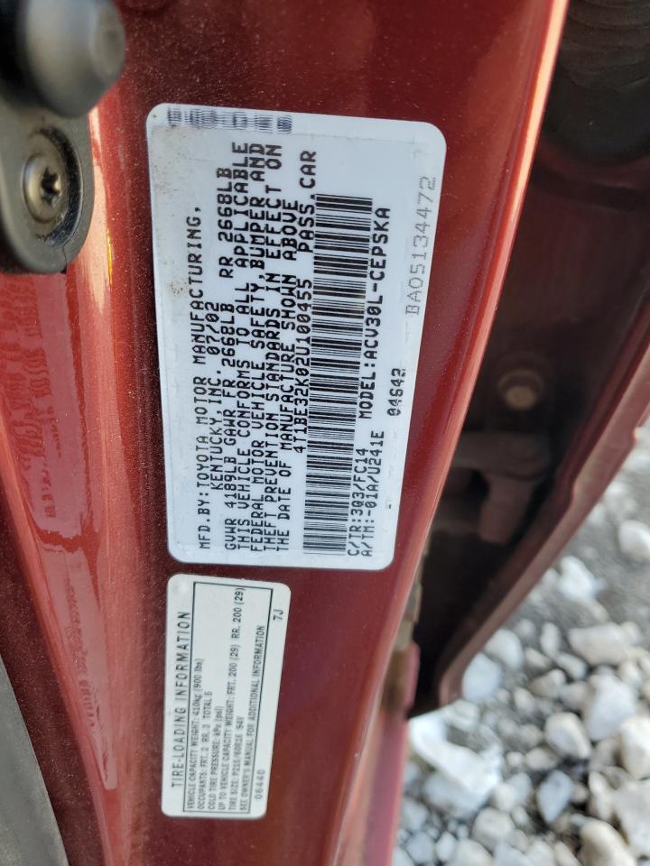 2002 Toyota Camry Le VIN: 4T1BE32K02U100455 Lot: 86315665