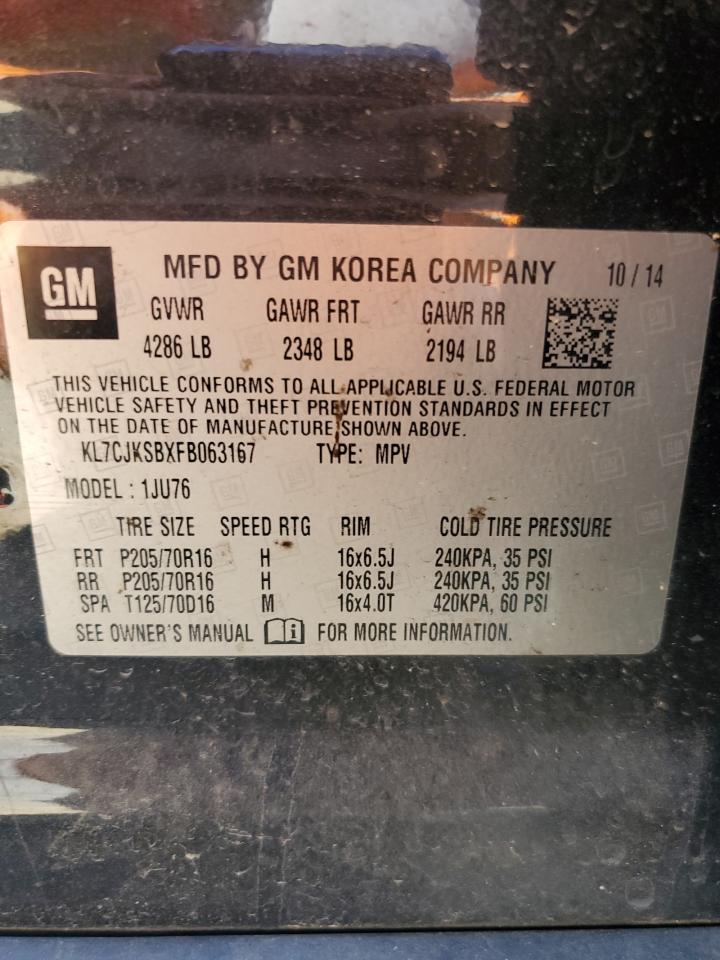 2015 Chevrolet Trax Ls VIN: KL7CJKSBXFB063167 Lot: 84885585