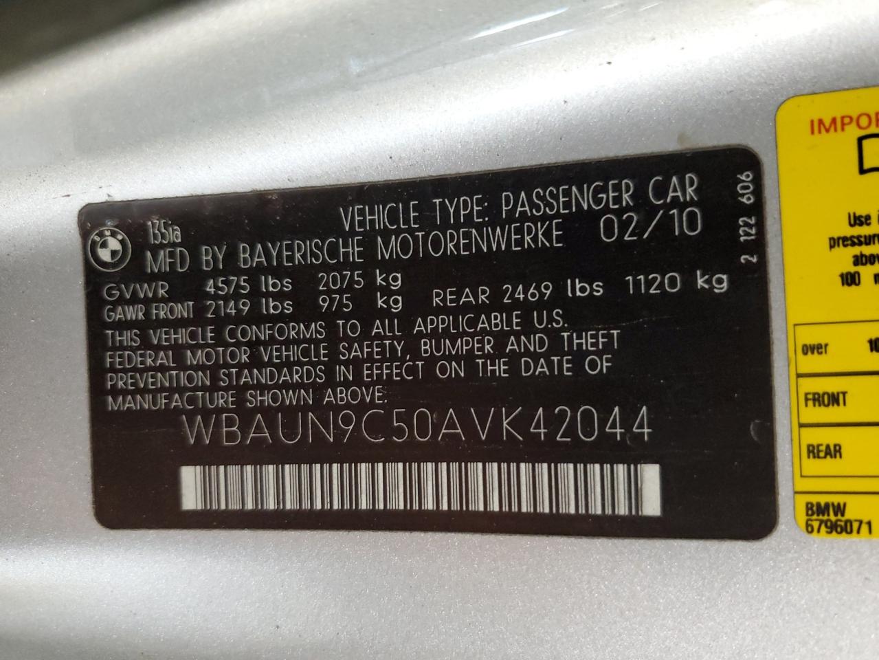 2010 BMW 135 I VIN: WBAUN9C50AVK42044 Lot: 84988635